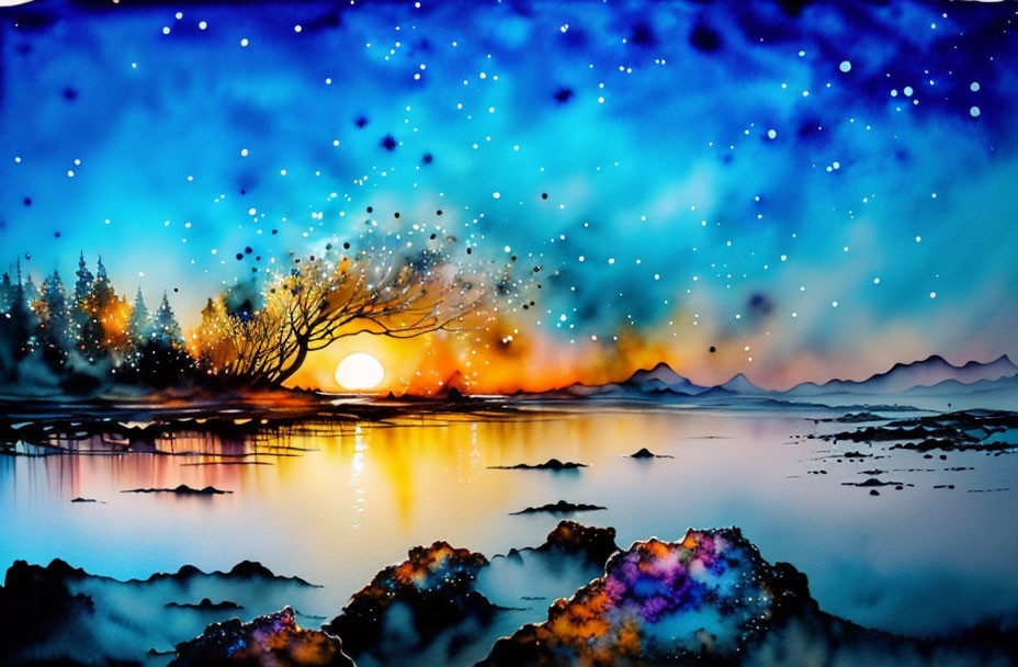 Vivid watercolor painting: Sunset with sun, trees, mountains, and starry sky