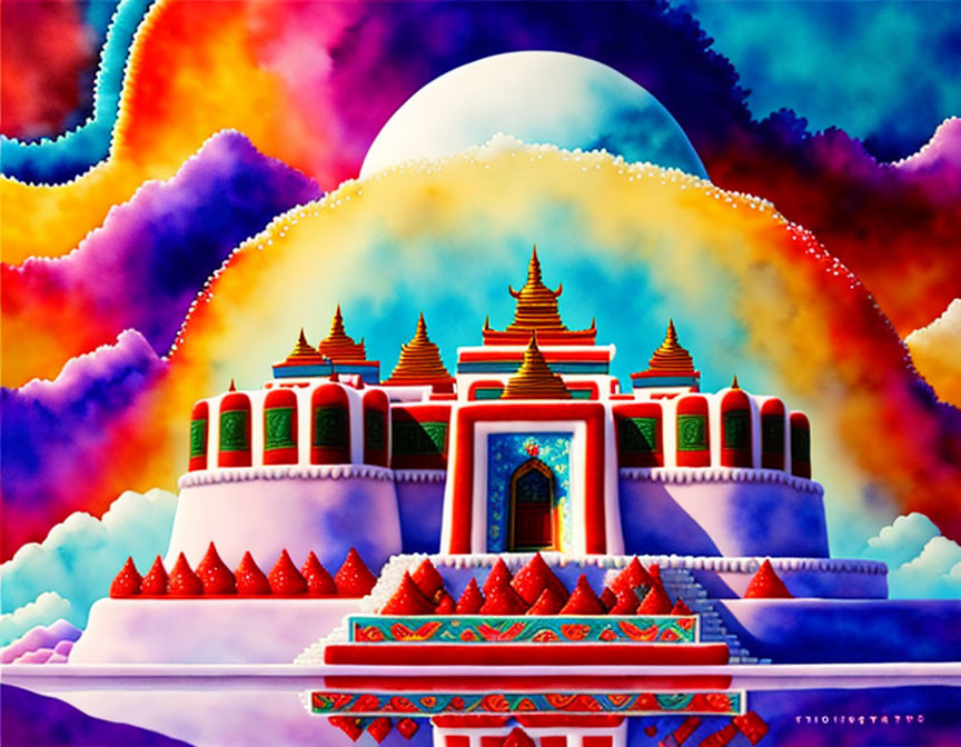 Vivid artwork of fantastical temple under psychedelic sky