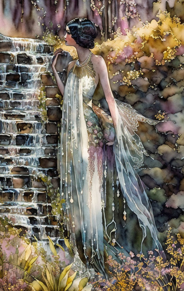 Fanciful winged woman in flowing gown by waterfall and floral backdrop