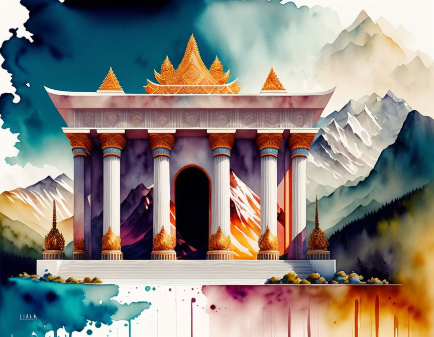 Vibrant temple illustration with ornate spires and mountain backdrop