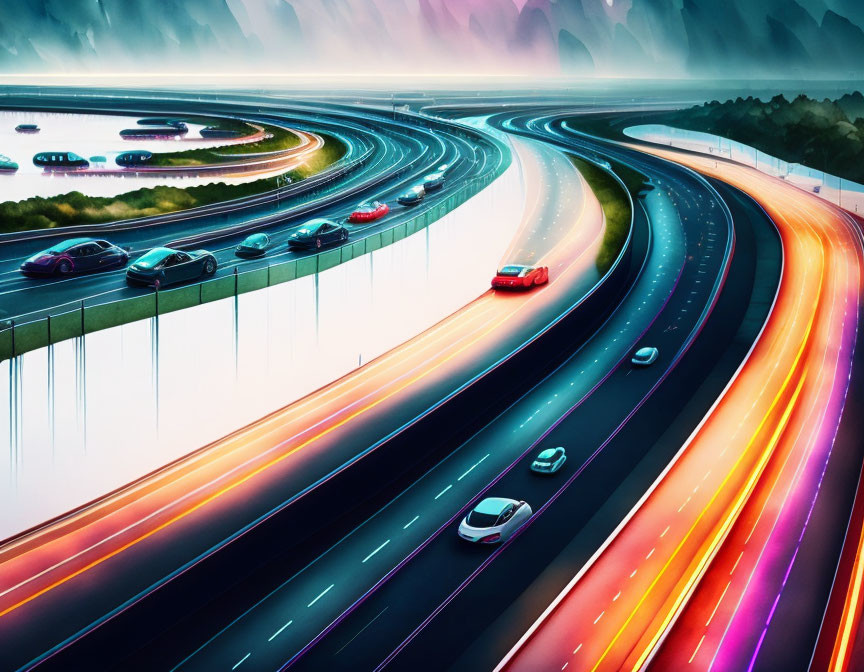 Vibrant light trails on curved multilane highway at dusk