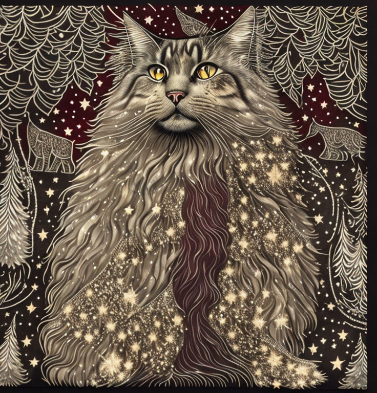 Long-haired cat illustration with stars and reindeer silhouettes on black background