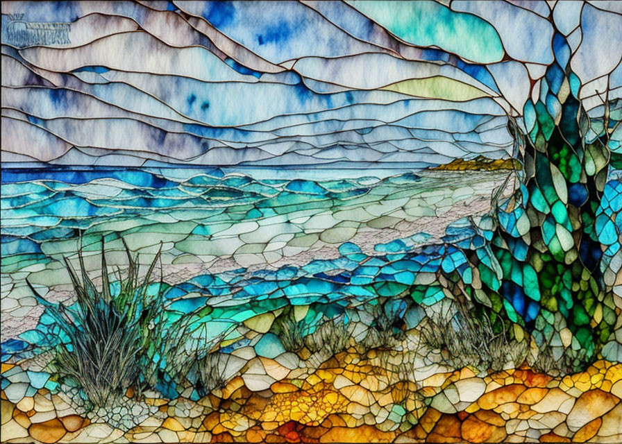 Colorful Mosaic Seascape Artwork with Stylized Patterns