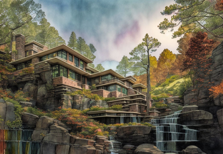 Autumnal cliffside architecture with waterfall view