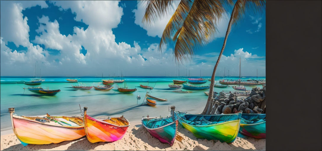 Tropical beach panorama with colorful boats, palm tree, and blue sky