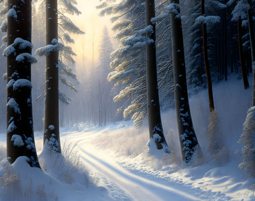 Snow-covered trees and tire tracks in serene winter scene