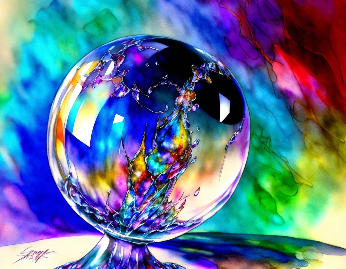 Colorful Background with Crystal-Clear Water Droplet Reflecting Light