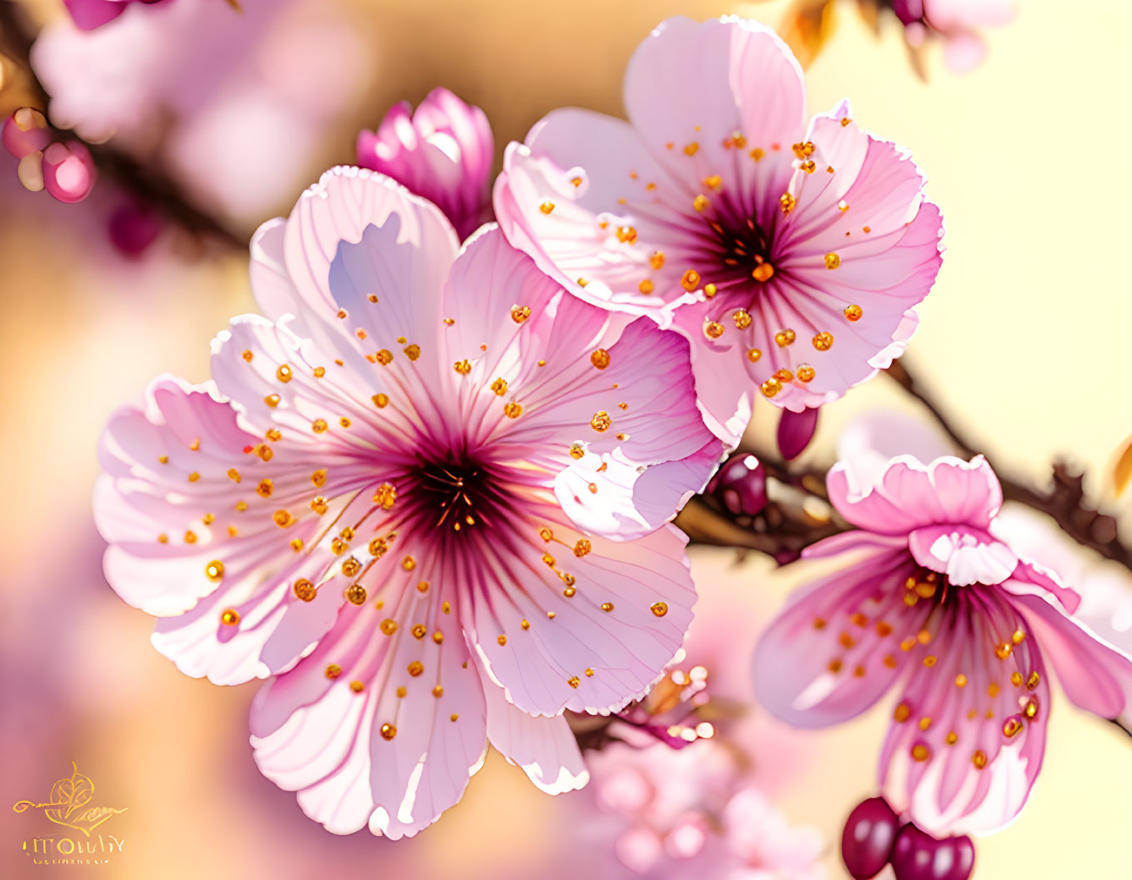 Delicate pink cherry blossoms with detailed petals and golden stamens.