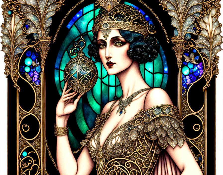 Detailed Art Nouveau-inspired woman with orb surrounded by stained glass.