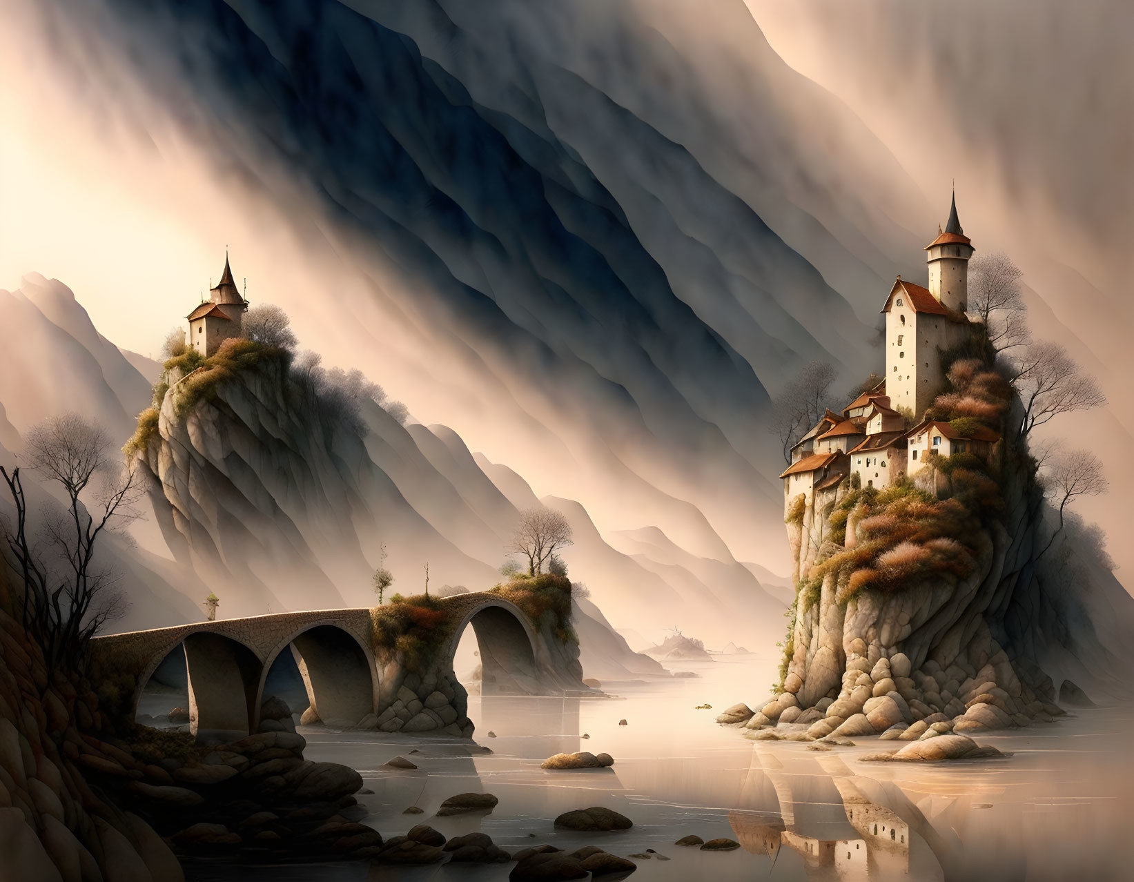 Medieval castle landscape with stone bridge and misty mountains