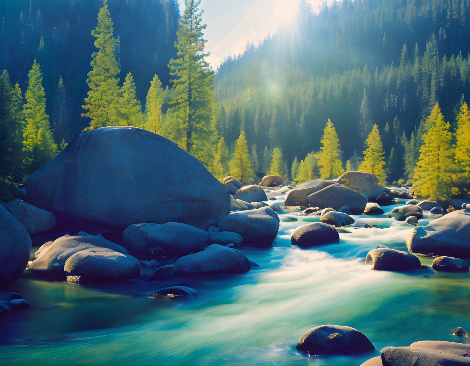 Tranquil river in forest with sunlight, rocks in water