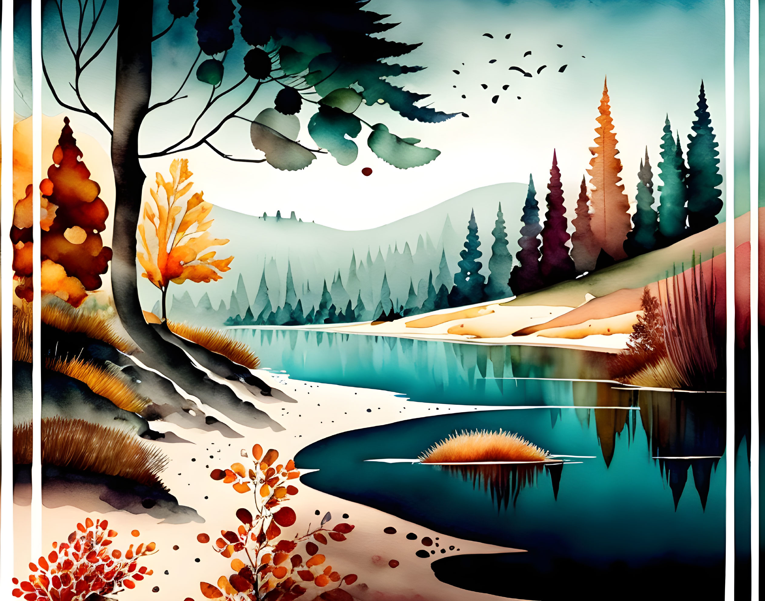 Colorful autumn landscape with lake, hills, and birds