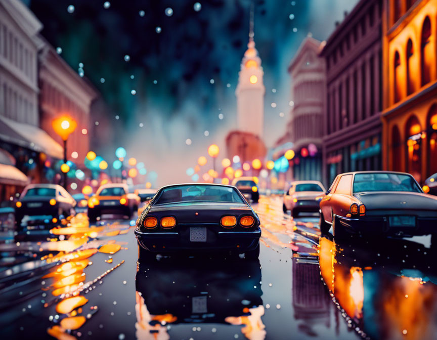 Twilight scene: Two cars on wet street with illuminated buildings.