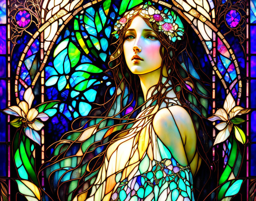 Colorful Stained Glass Artwork of Woman with Floral Headdress