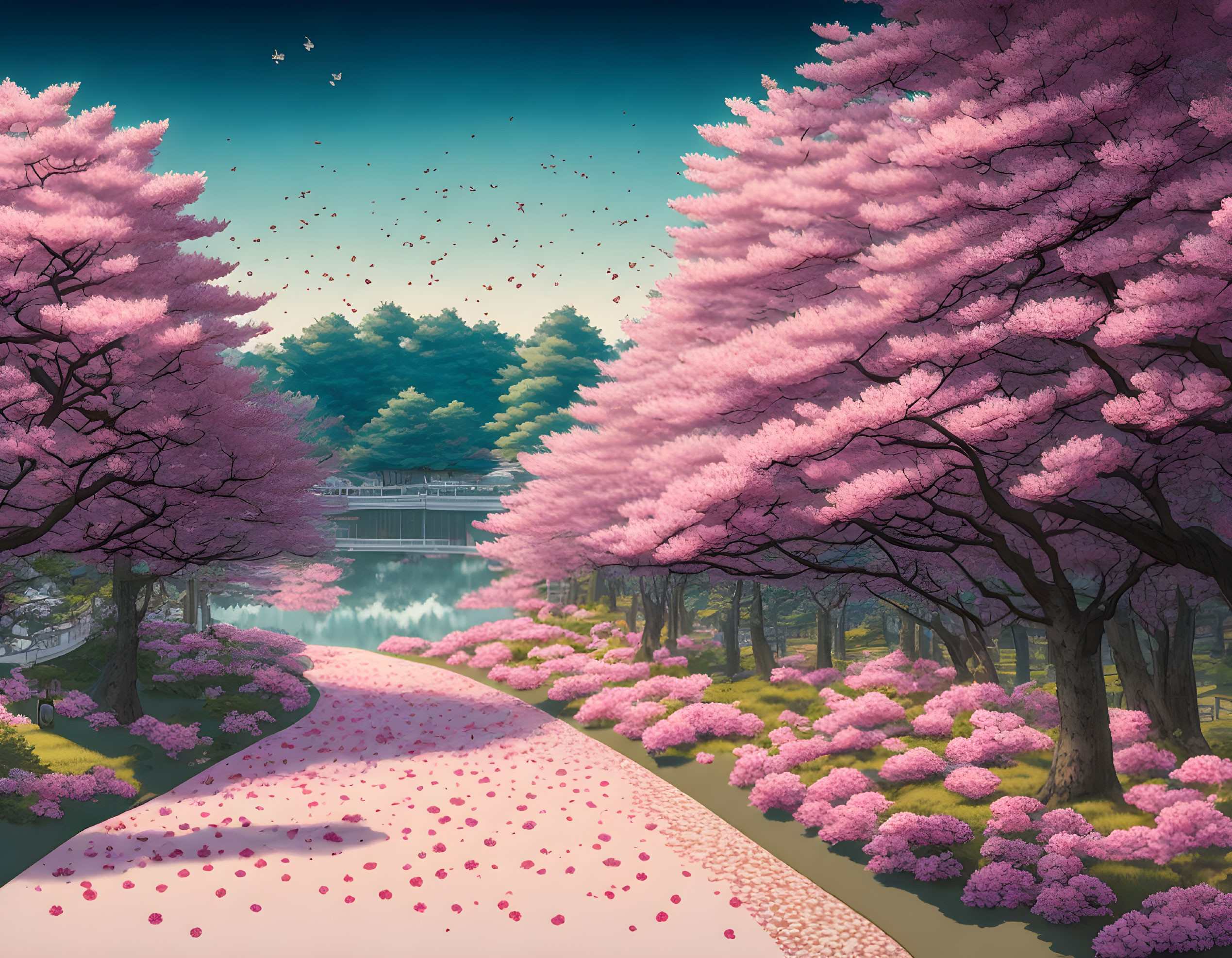 Tranquil Path with Pink Cherry Blossoms by Serene Lake