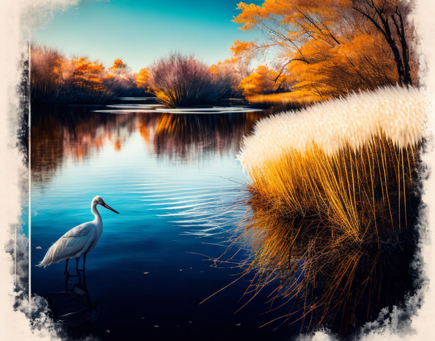 Tranquil lake landscape with white heron, autumn trees, and pampas grass