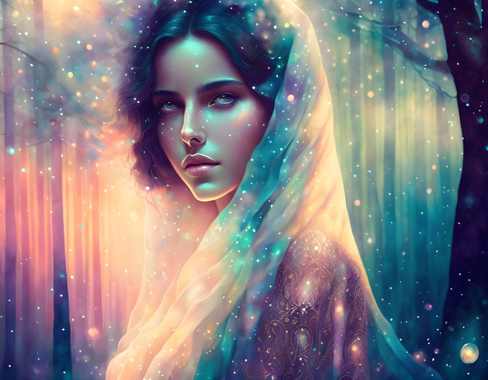 Digital art: Mystical woman with translucent shawl in starry, dreamy setting.