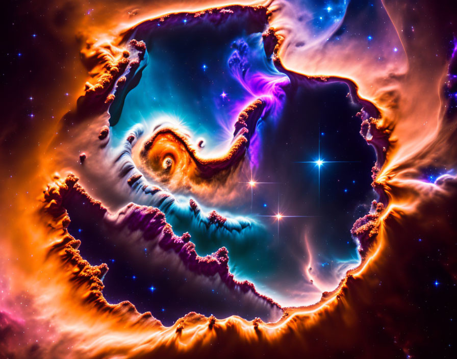 Colorful cosmic scene with swirling orange, purple, and blue hues and twinkling stars