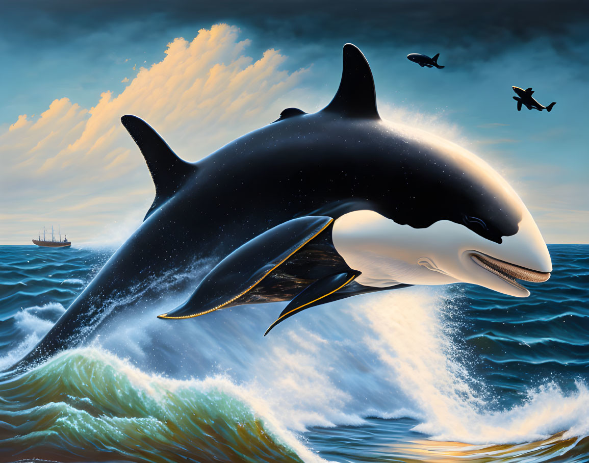 Orca leaping from ocean waves under dramatic sky with celestial transition