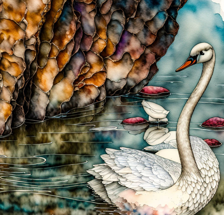 White Swan with Orange Beak Floating on Colorful Water Patterns