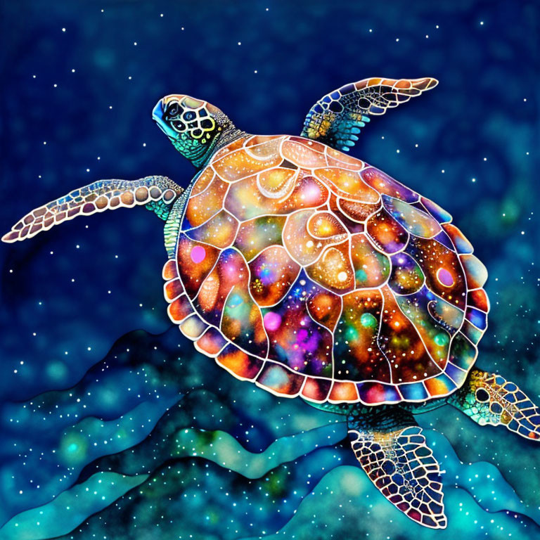 Colorful Turtle with Cosmic Shell in Starry Underwater Scene