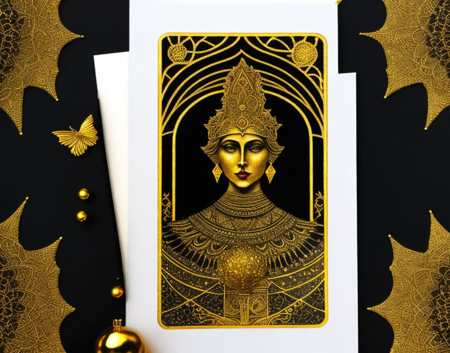 Golden ornate tarot card: figure in headdress, bat silhouettes, beads