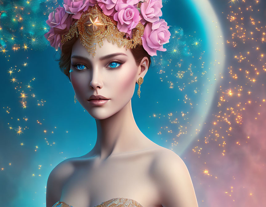 Digital artwork: Woman with floral crown, golden jewelry, cosmic background