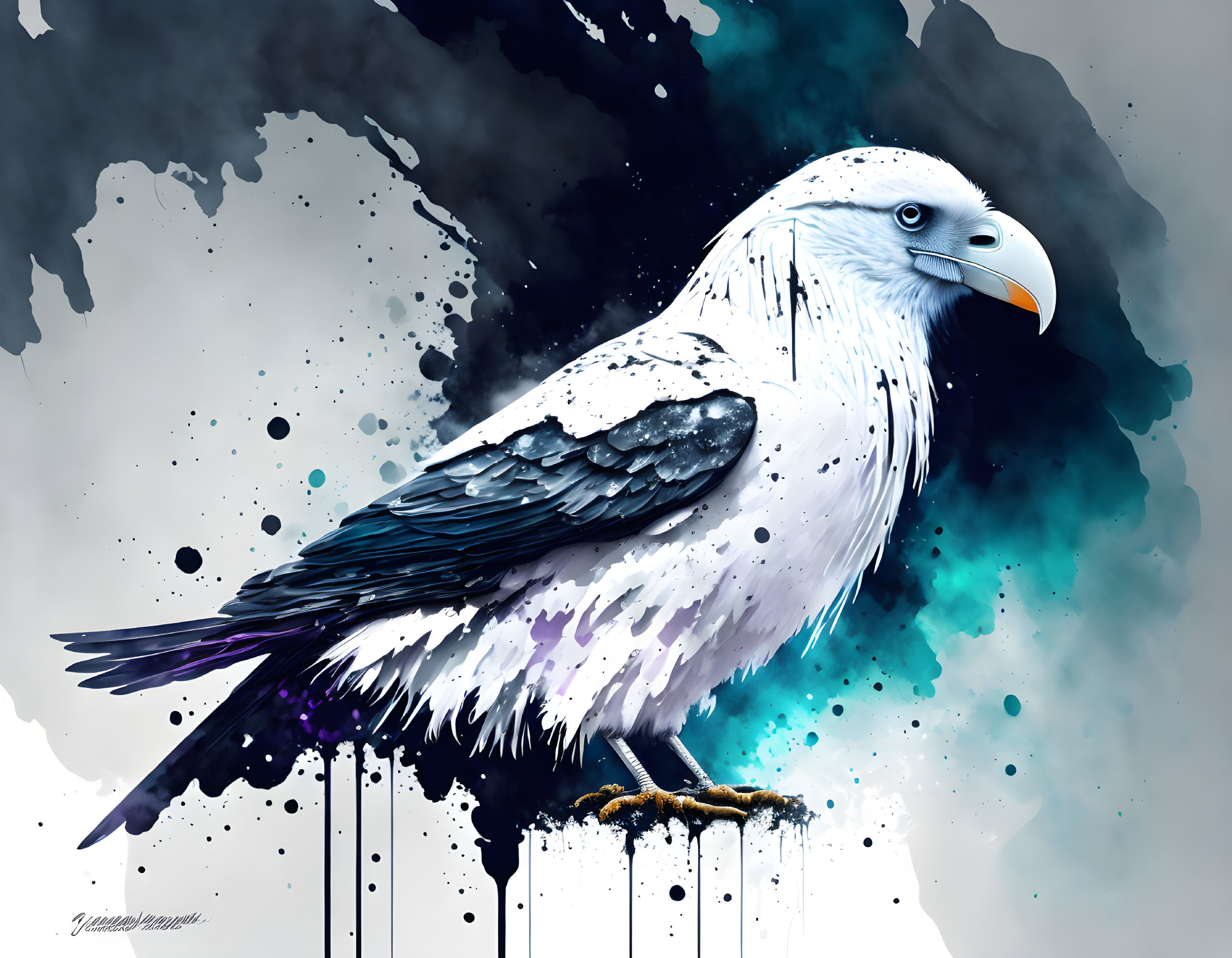 Eagle digital artwork with white and grey feathers on black and blue watercolor background