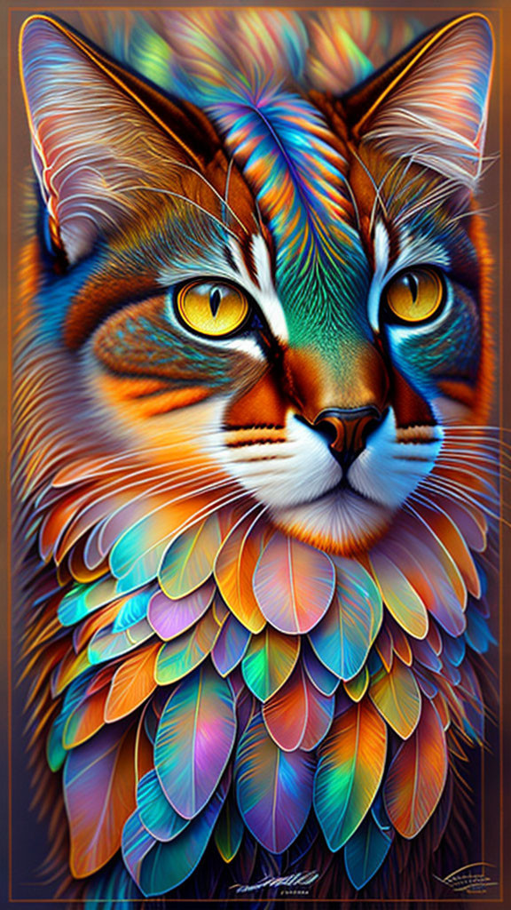 Colorful Cat Artwork with Feathered Fur and Intense Eyes