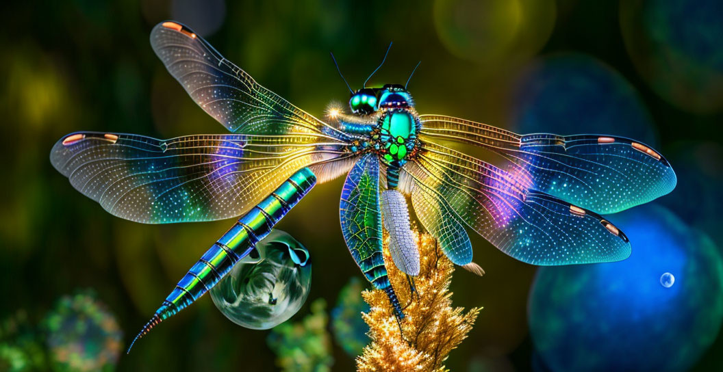 Colorful Dragonfly with Iridescent Wings on Plant in Bokeh Background