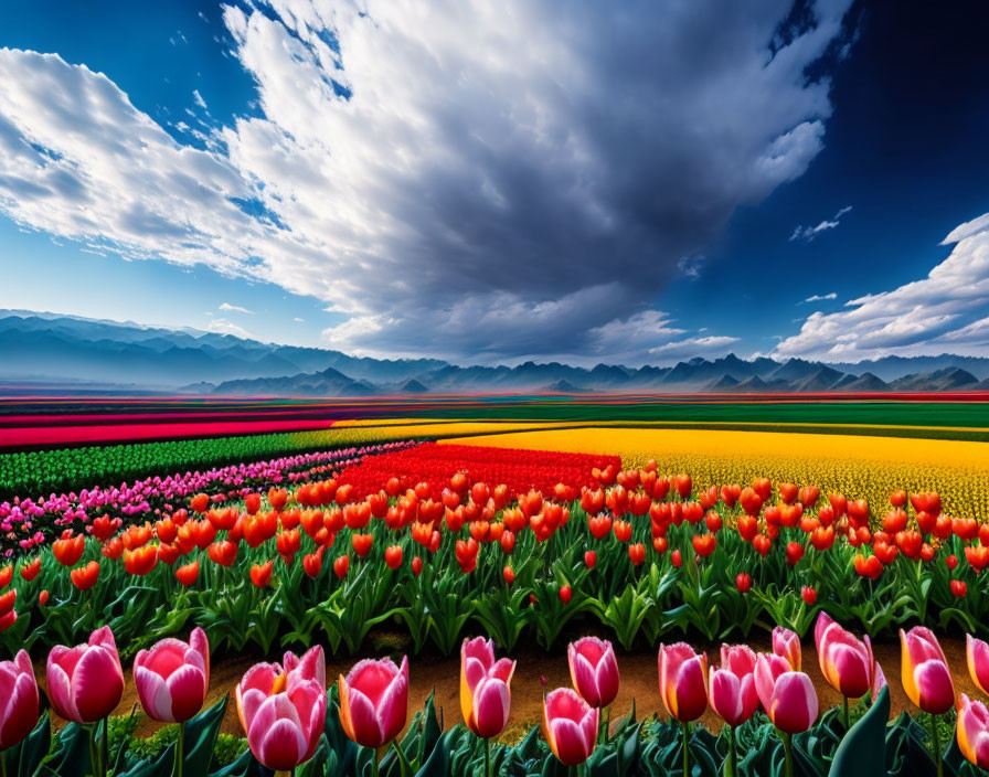 Colorful tulip rows under dramatic sky with lush mountains.