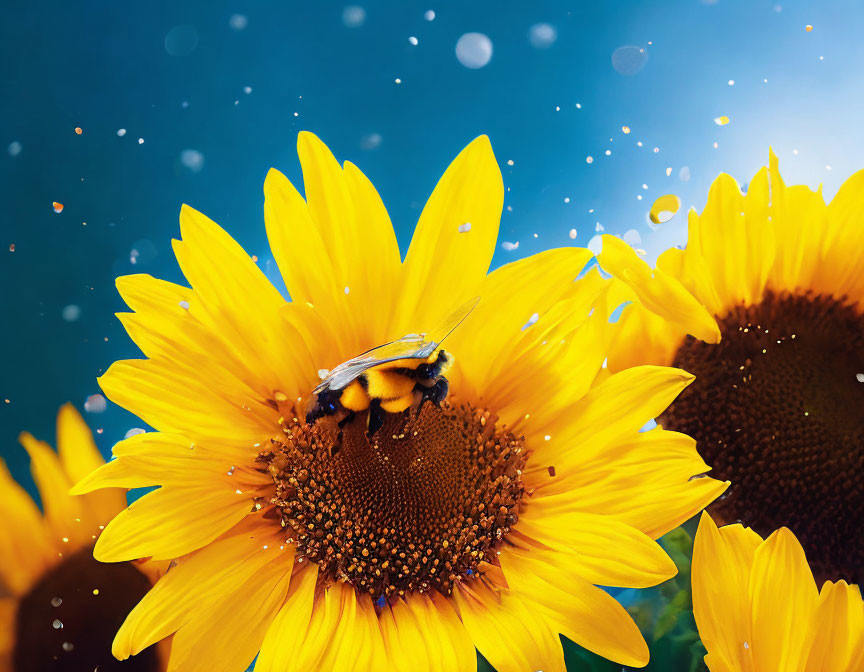 Bumblebee collecting pollen on vibrant sunflower