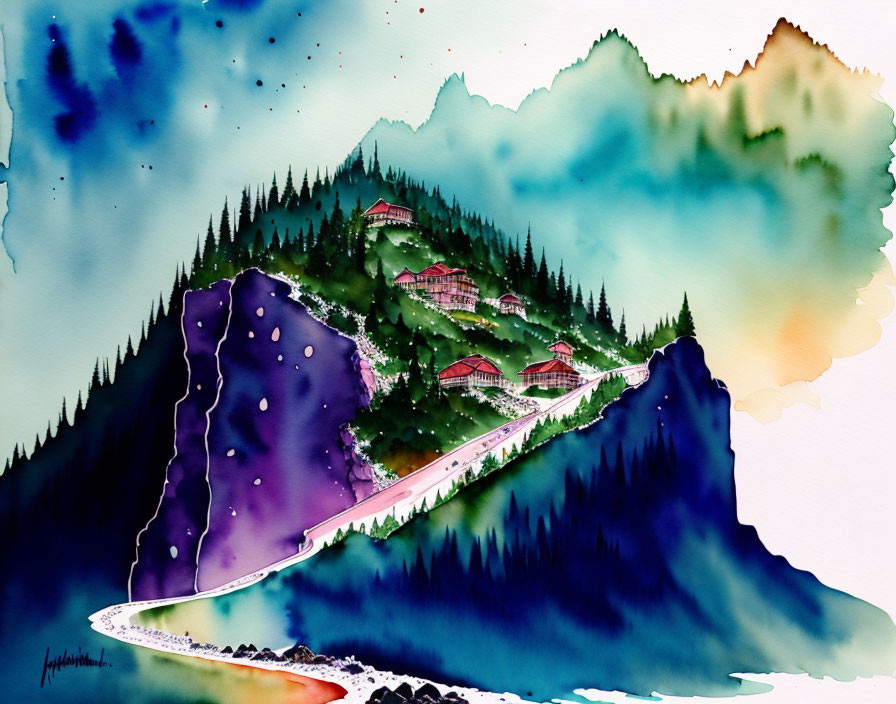 Vibrant watercolor painting of mountain landscape with road, trees, and houses.