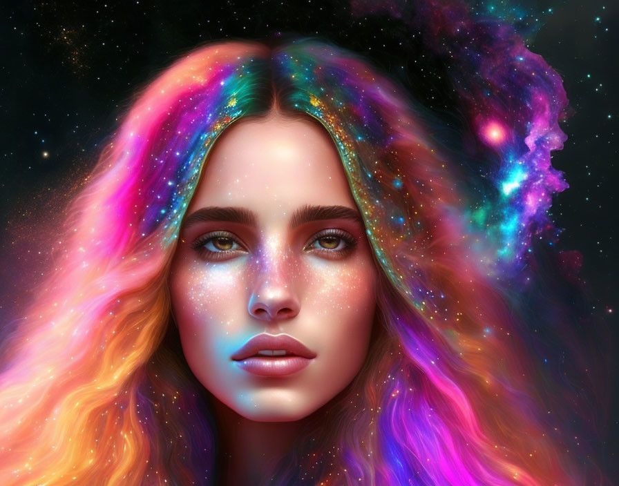 Surreal portrait of a woman with galaxy-themed hair and glittery star-like adornments