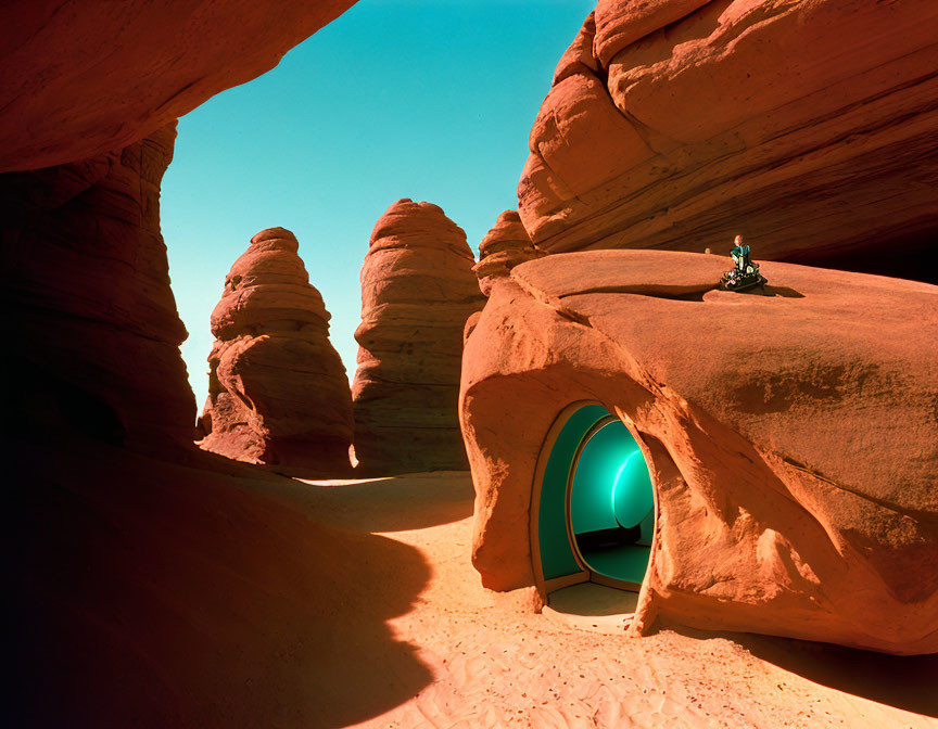 Vibrant red sandstone formations in serene desert landscape