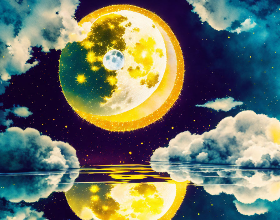 Surreal image of glowing moon in starry sky over tranquil water