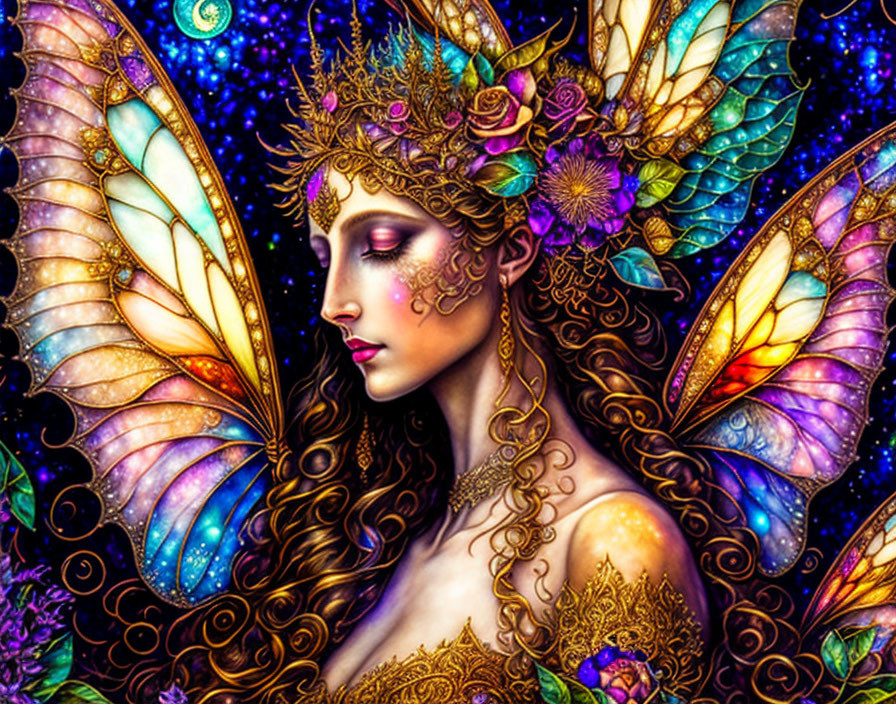 Fantasy fairy with butterfly wings and floral crown in cosmic setting