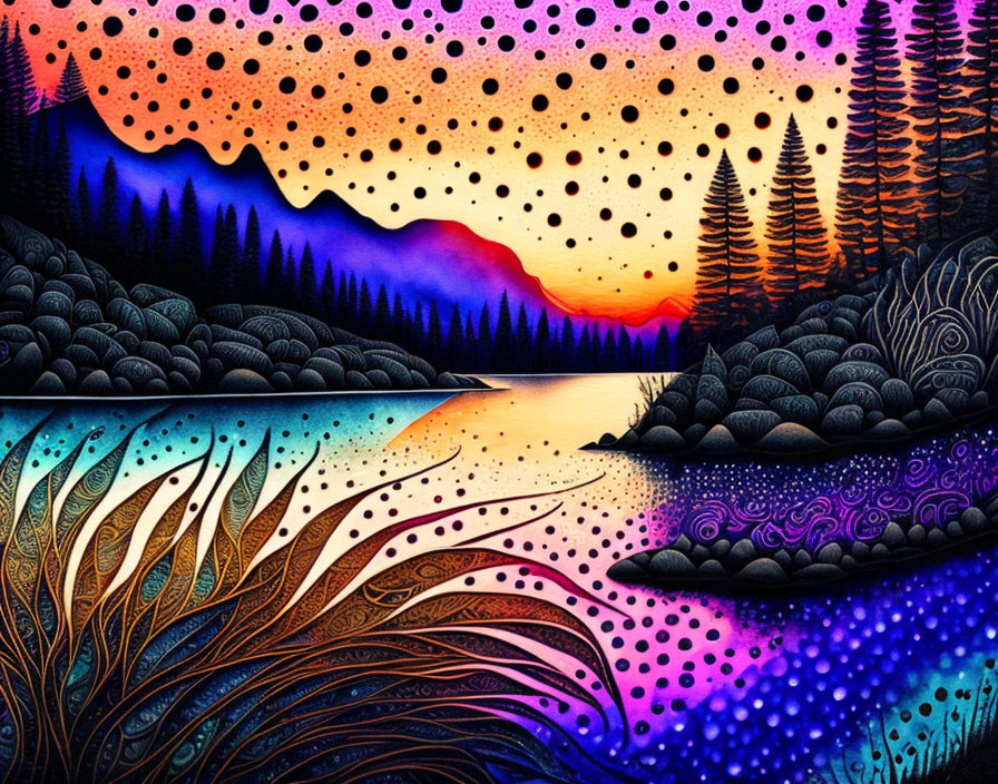 Colorful Psychedelic Landscape with Starry Sky and Lake