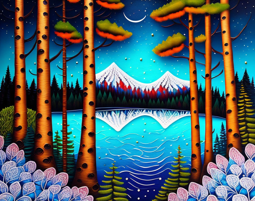 Whimsical forest scene with bridge, lake, mountains, and starry sky