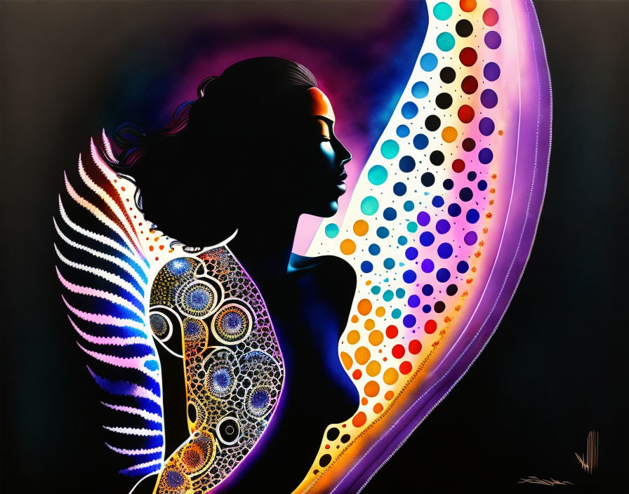 Colorful profile of a woman with patterned wings on black background