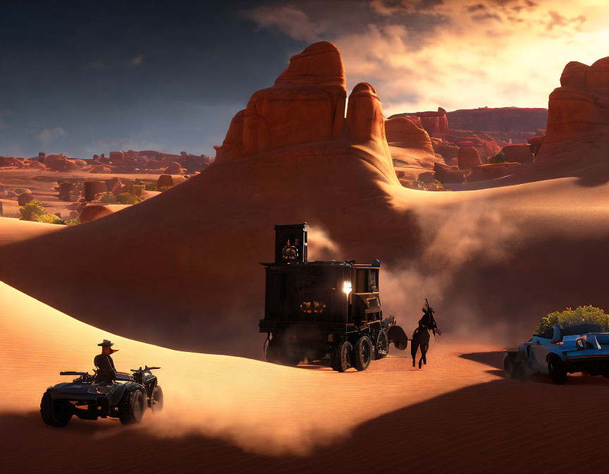 Steam locomotive and vehicles in sandy desert with sandstone formations