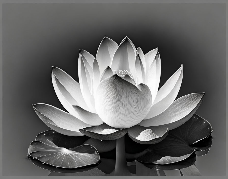 Monochrome lotus flower with reflective water droplets on petals and leaves