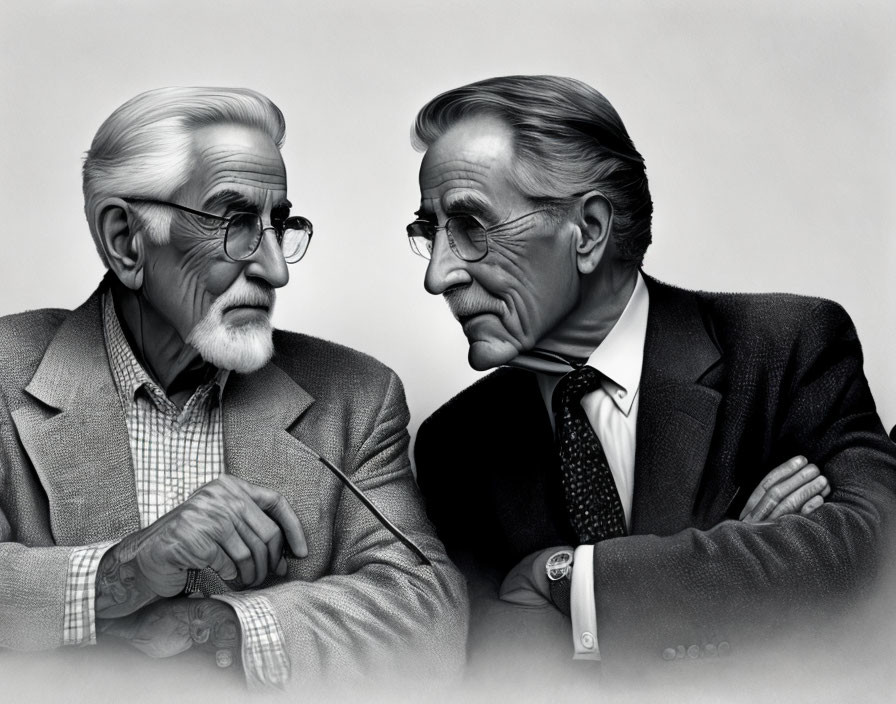 Elderly gentlemen in glasses and white hair conversing in serious talk