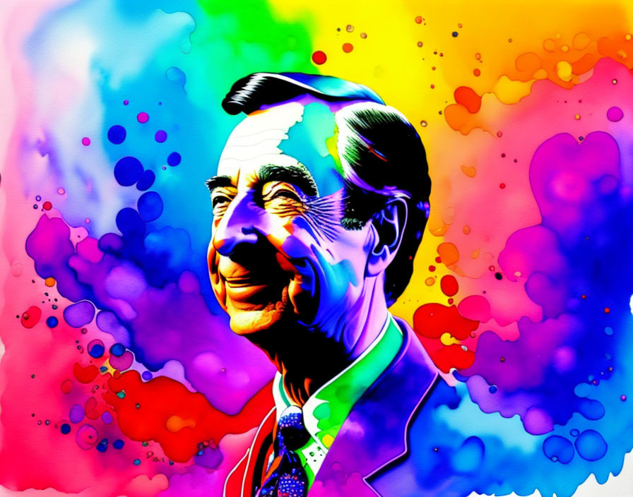 Colorful Portrait of Smiling Man in Suit and Tie on Abstract Watercolor Background