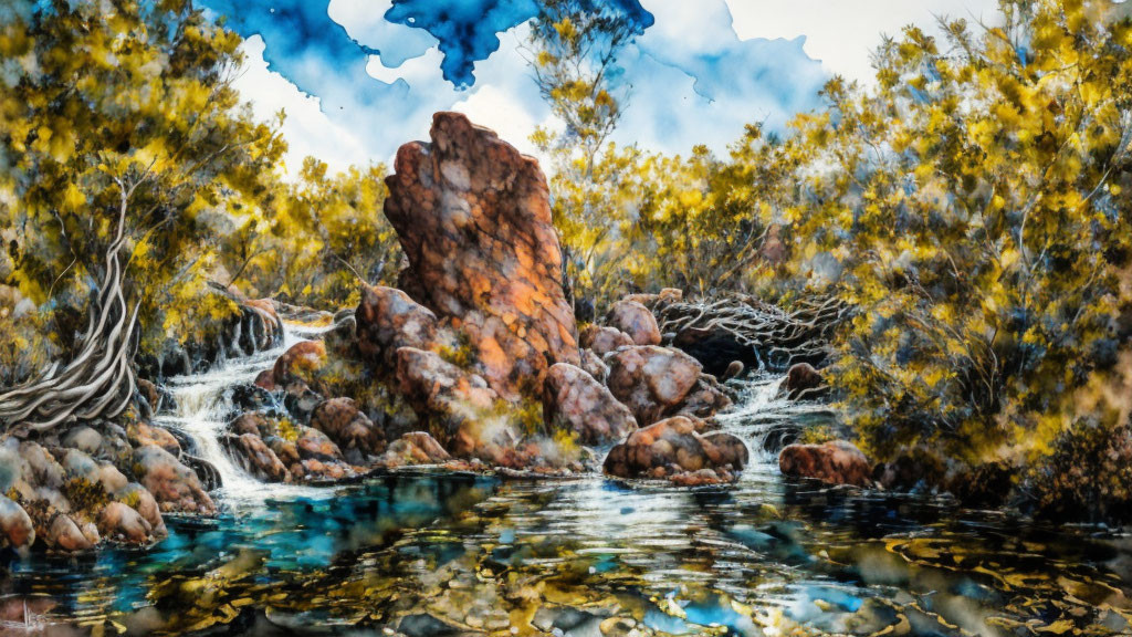 Colorful landscape painting of rocky terrain with water stream, trees with yellow leaves, under blue sky.