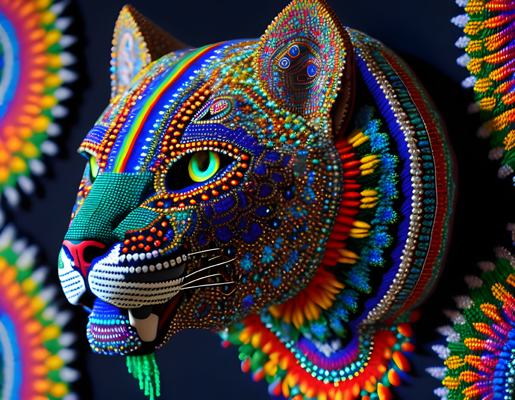 Colorful Beaded Jaguar Head Sculpture on Dark Background