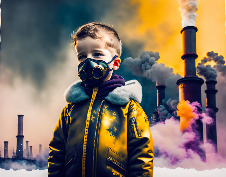 Child in Gas Mask with Industrial Smokestacks Emitting Smoke