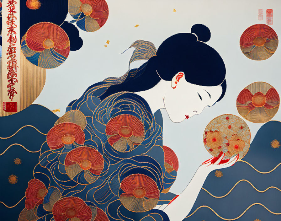 Traditional Asian-style illustration of a woman with a fan and decorative patterns.