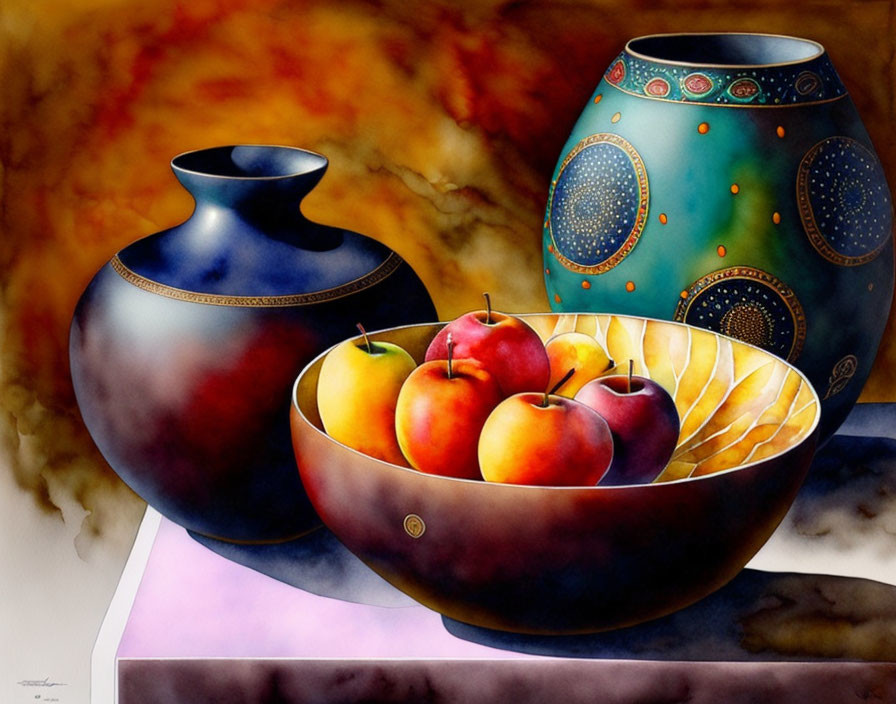 Colorful Still Life Painting with Apples, Fruit, and Pots