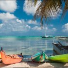 Tropical beach panorama with colorful boats, palm tree, and blue sky